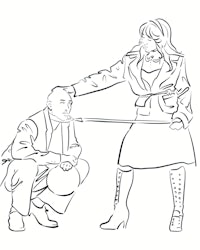 a black and white drawing of a man and a woman